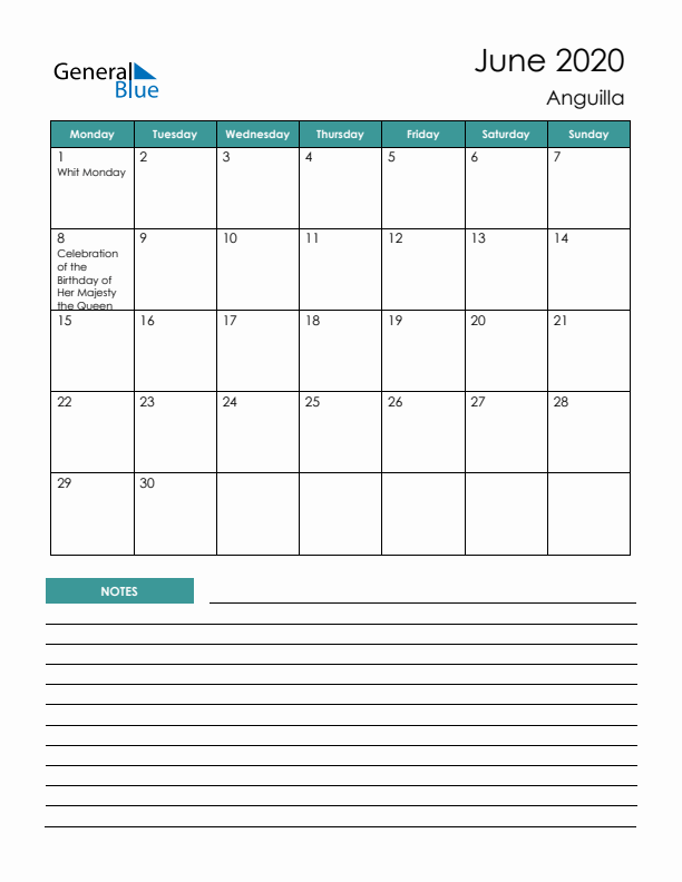 Calendar with Notes Printable - Monday Start