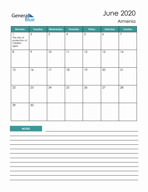 Calendar with Notes Printable - Monday Start