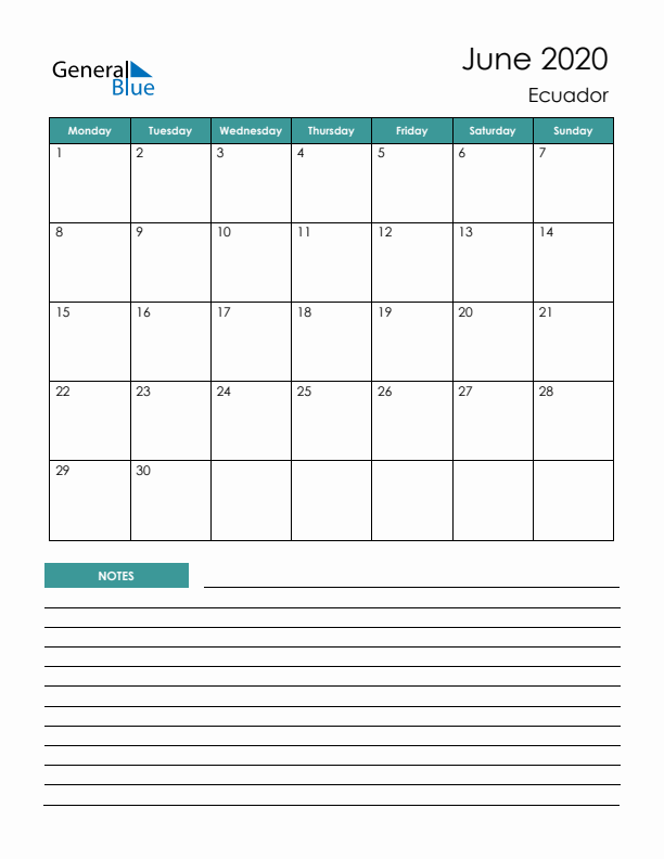 Calendar with Notes Printable - Monday Start