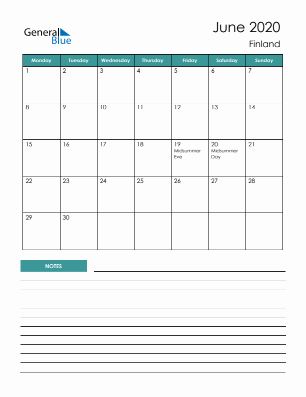 Calendar with Notes Printable - Monday Start