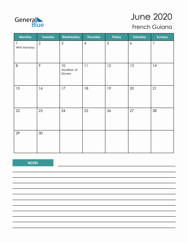 Calendar with Notes Printable - Monday Start