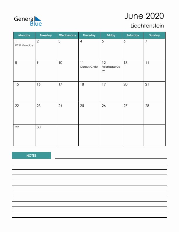 Calendar with Notes Printable - Monday Start