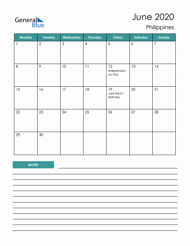 Calendar with Notes Printable - Monday Start