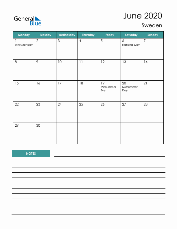 Calendar with Notes Printable - Monday Start