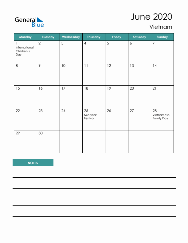 Calendar with Notes Printable - Monday Start