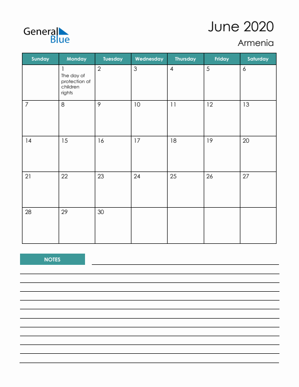 Calendar with Notes Printable - Sunday Start