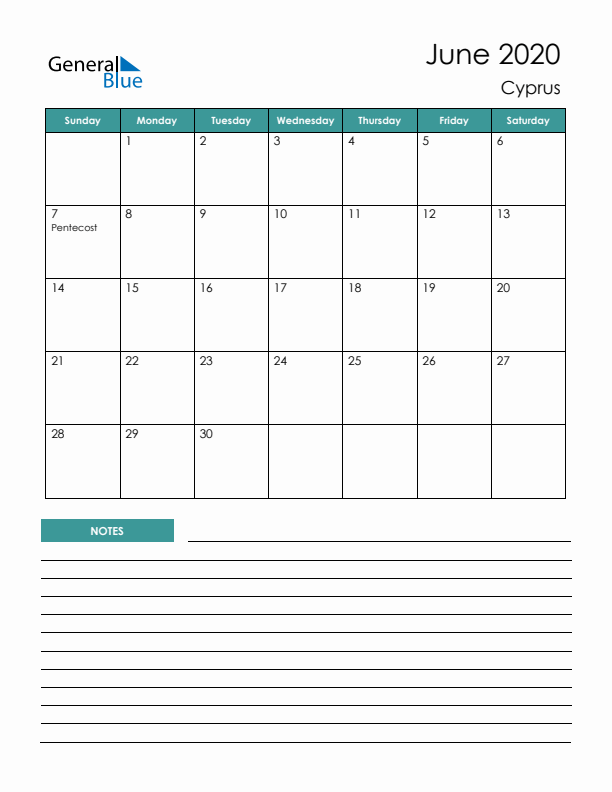 Calendar with Notes Printable - Sunday Start