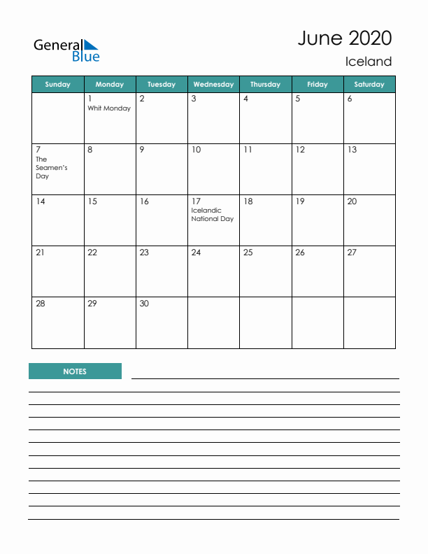 Calendar with Notes Printable - Sunday Start