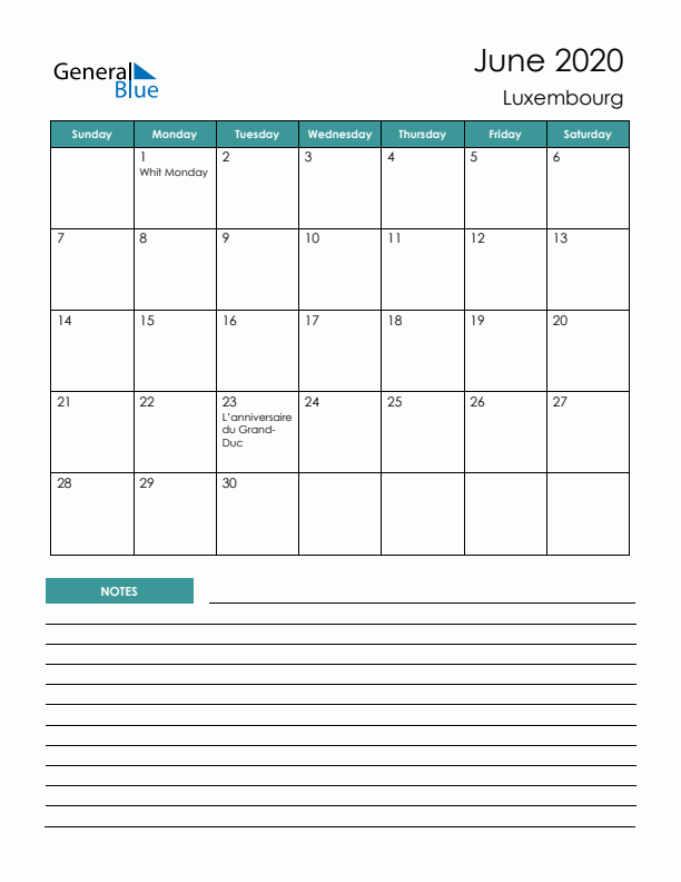 Calendar with Notes Printable - Sunday Start