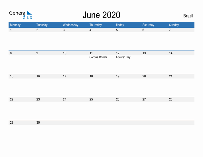 Fillable June 2020 Calendar