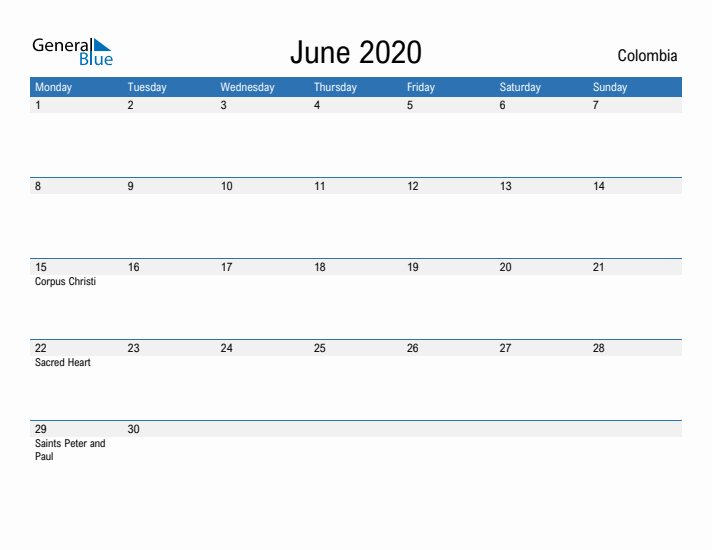 Fillable June 2020 Calendar