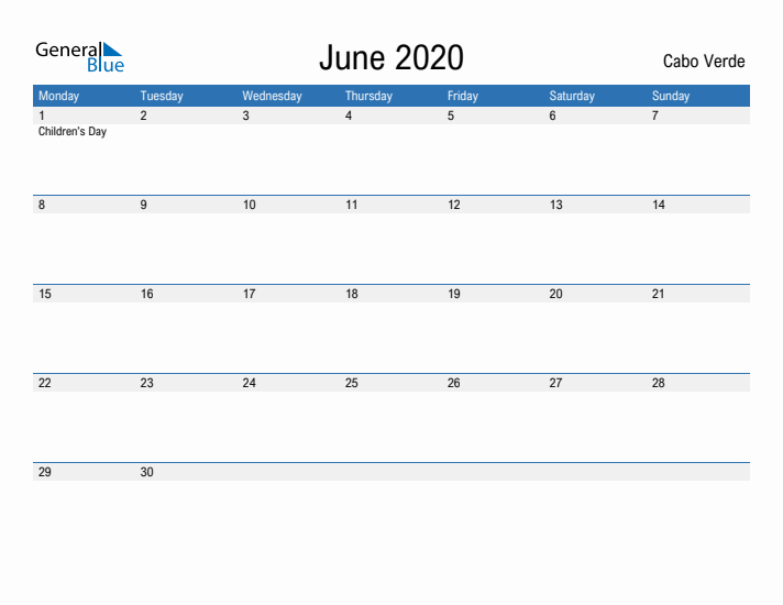 Fillable June 2020 Calendar