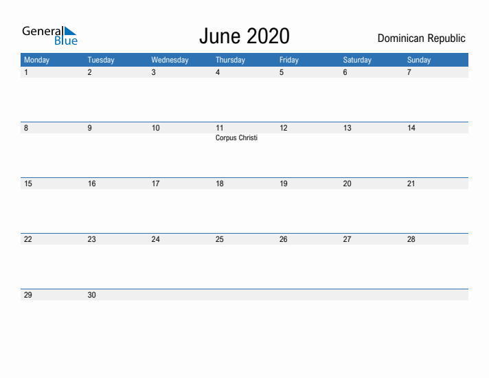 Fillable June 2020 Calendar