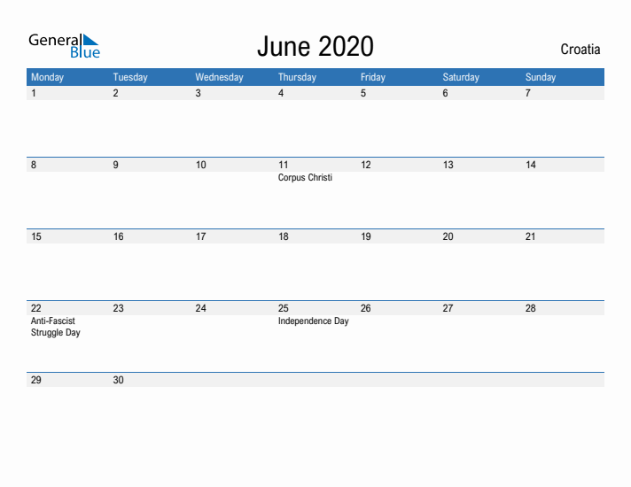 Fillable June 2020 Calendar