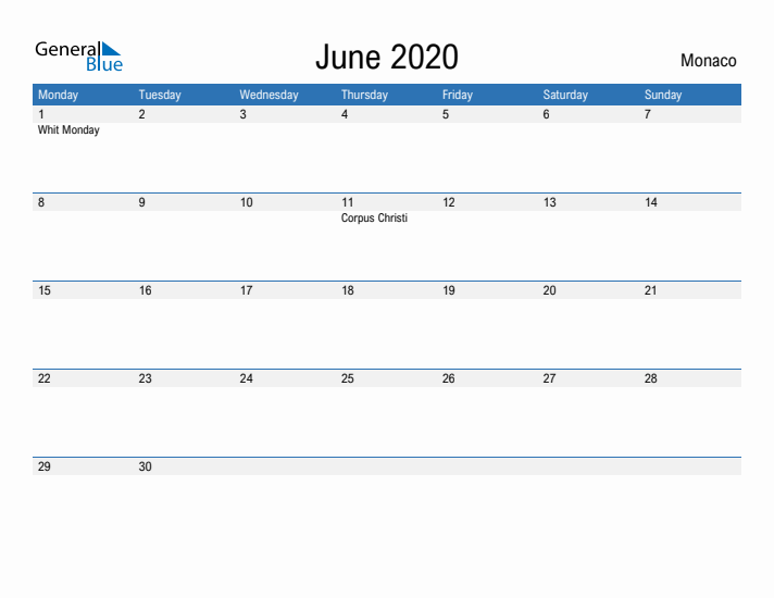 Fillable June 2020 Calendar