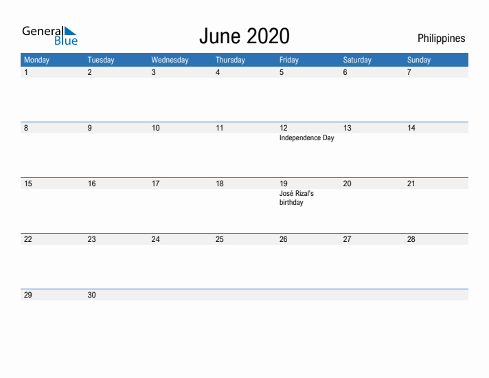 Fillable June 2020 Calendar