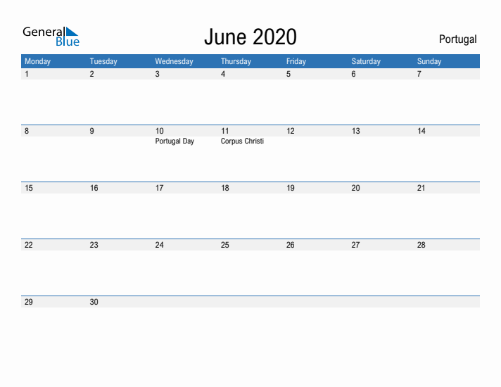 Fillable June 2020 Calendar