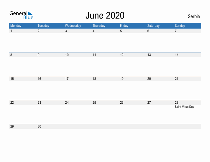 Fillable June 2020 Calendar