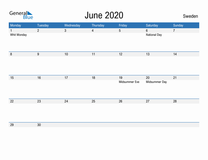 Fillable June 2020 Calendar