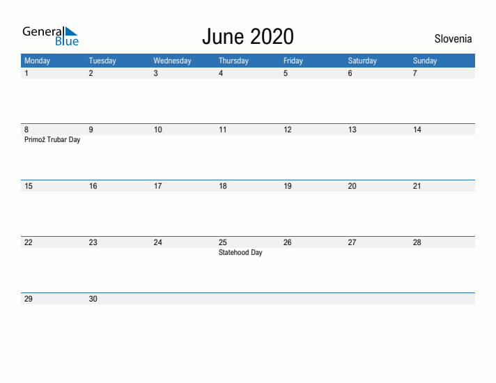 Fillable June 2020 Calendar