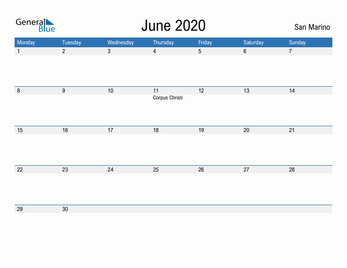 Fillable June 2020 Calendar