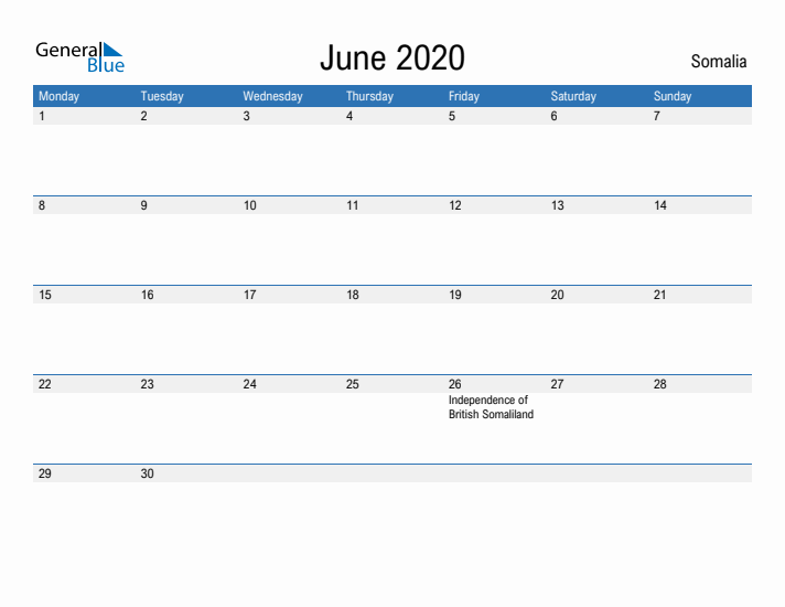 Fillable June 2020 Calendar