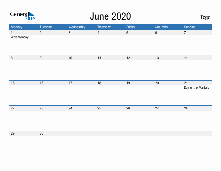 Fillable June 2020 Calendar