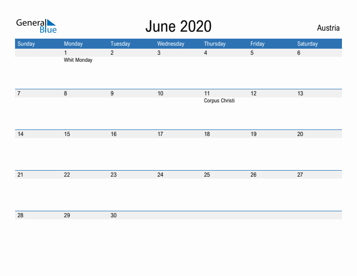 Fillable June 2020 Calendar