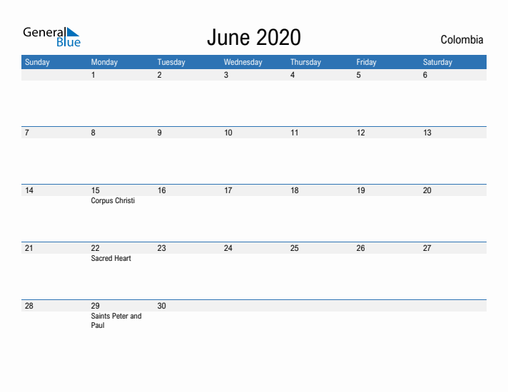 Fillable June 2020 Calendar