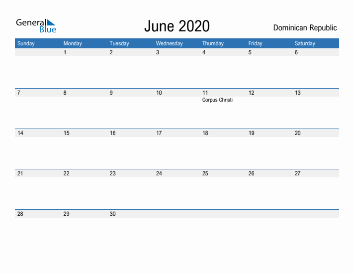 Fillable June 2020 Calendar