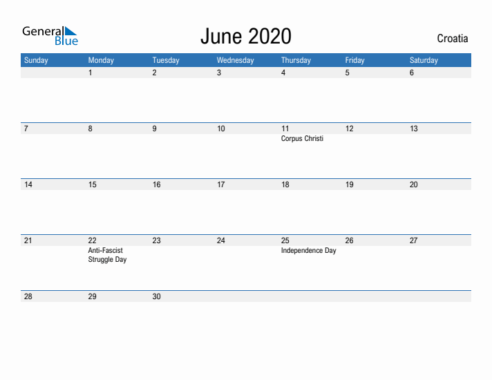 Fillable June 2020 Calendar