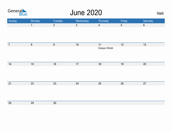 Fillable June 2020 Calendar