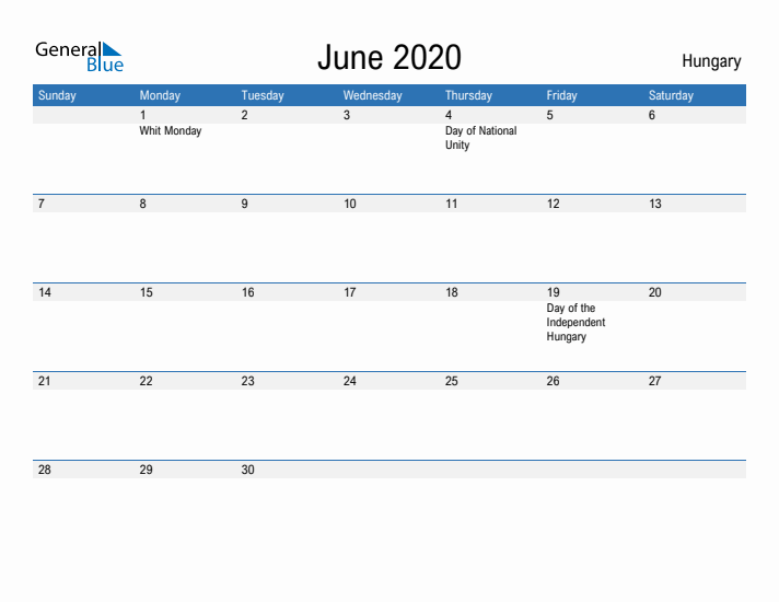 Fillable June 2020 Calendar