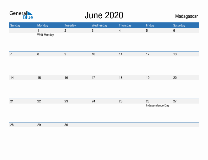 Fillable June 2020 Calendar