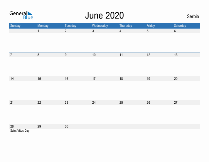 Fillable June 2020 Calendar