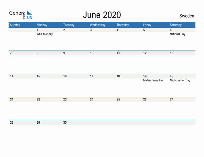 Fillable June 2020 Calendar