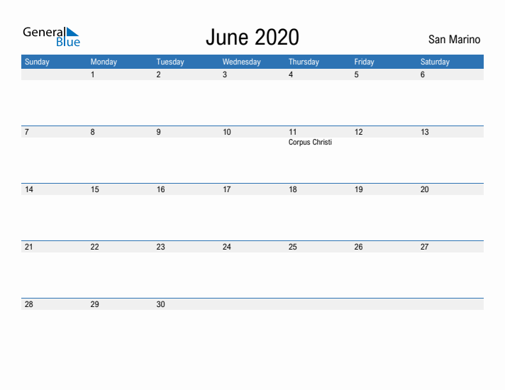 Fillable June 2020 Calendar