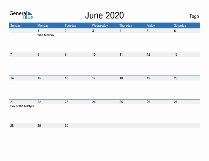 Fillable June 2020 Calendar