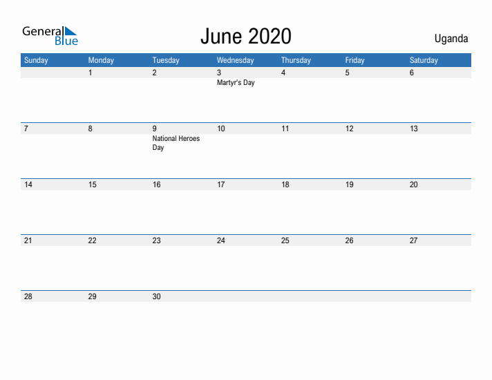 Fillable June 2020 Calendar