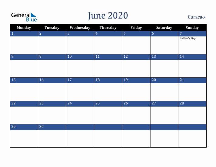 June 2020 Curacao Calendar (Monday Start)