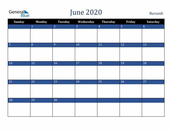 June 2020 Burundi Calendar (Sunday Start)