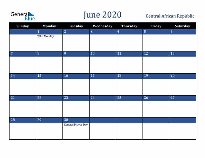 June 2020 Central African Republic Calendar (Sunday Start)