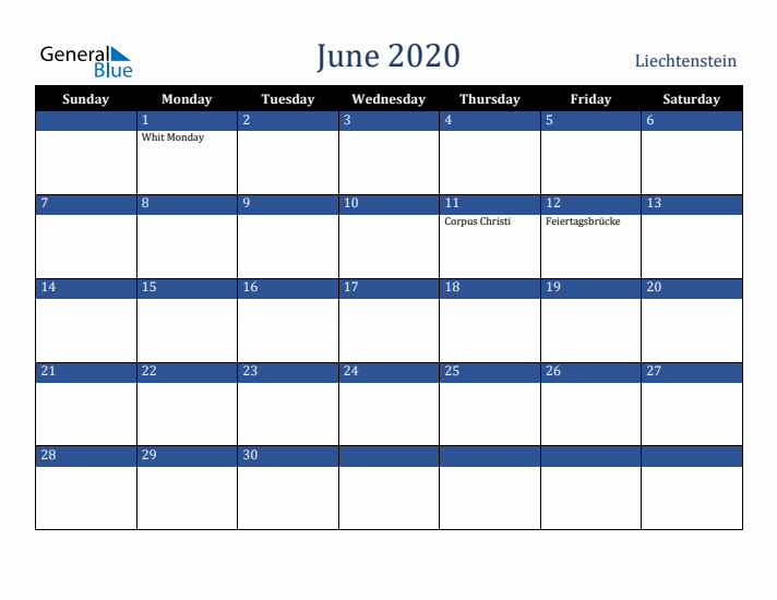 June 2020 Liechtenstein Calendar (Sunday Start)