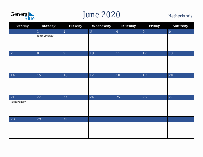 June 2020 The Netherlands Calendar (Sunday Start)