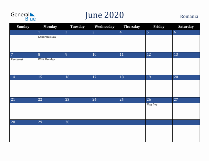 June 2020 Romania Calendar (Sunday Start)