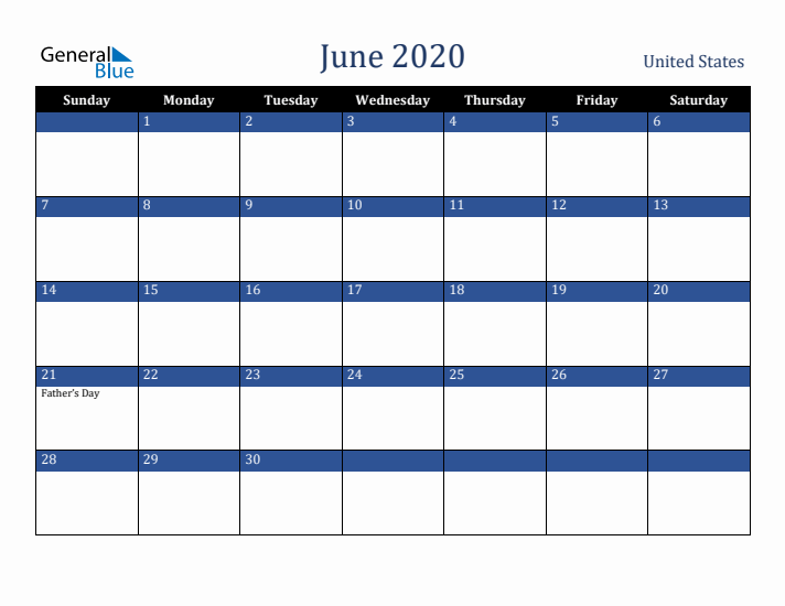 June 2020 United States Calendar (Sunday Start)