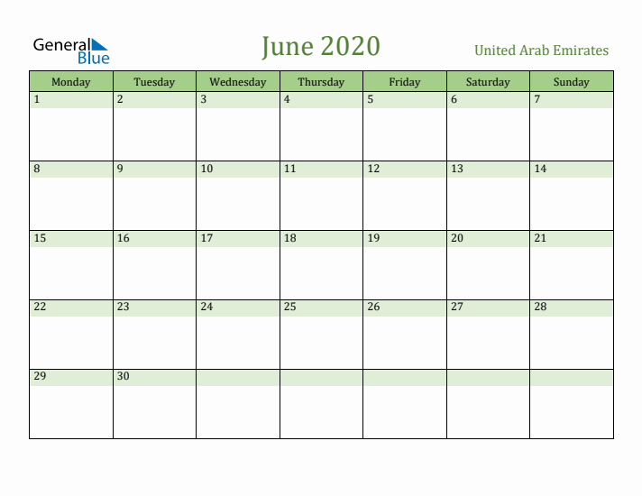 June 2020 Calendar with United Arab Emirates Holidays