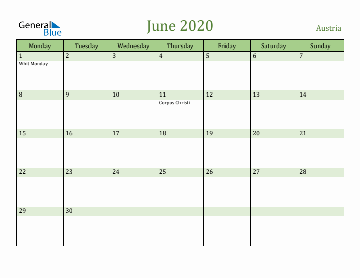 June 2020 Calendar with Austria Holidays