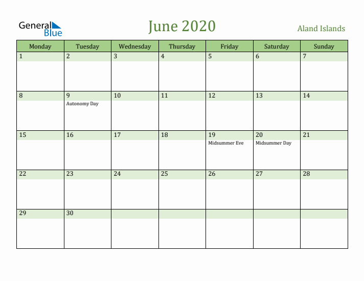 June 2020 Calendar with Aland Islands Holidays