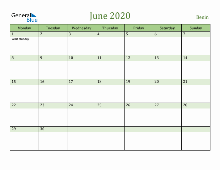 June 2020 Calendar with Benin Holidays